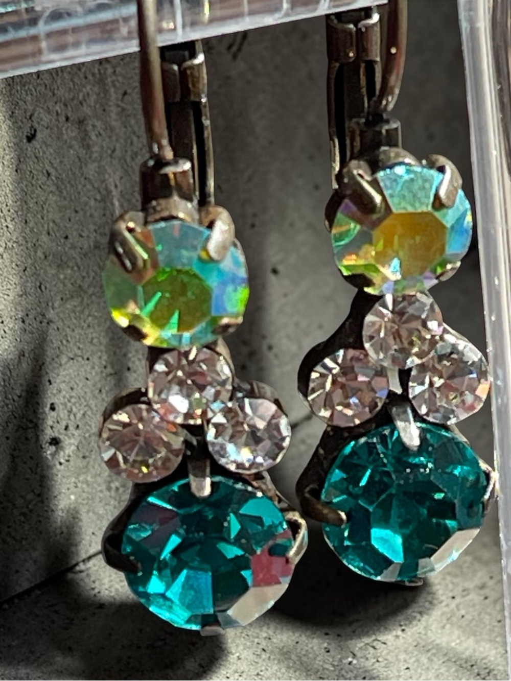 Vintage Blue Green AB Crystal Triple Drop Gunmetal Earrings